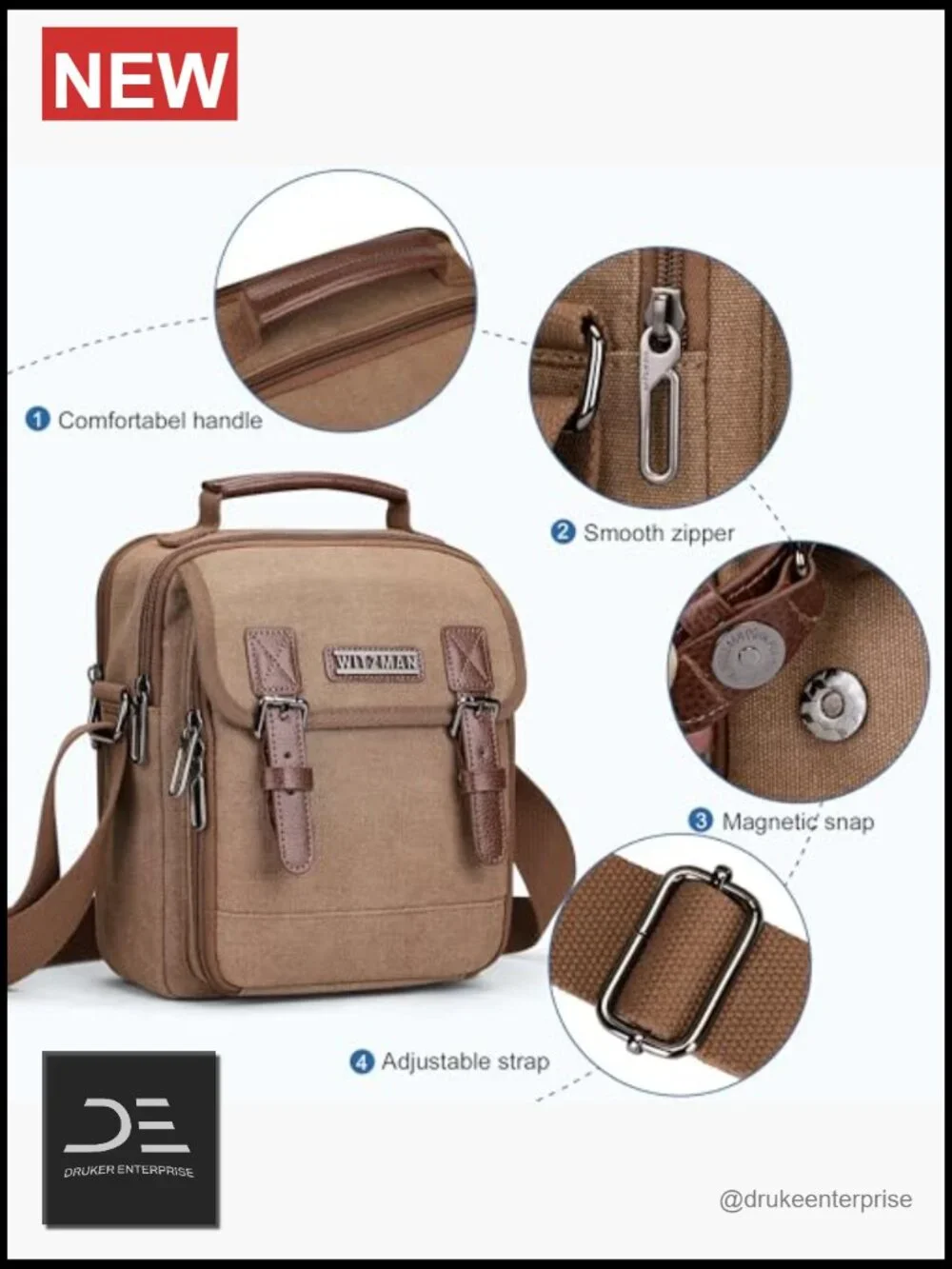 Canvas Crossbody Messenger Bag for Men Work Travel Multi-Pocket Satchel